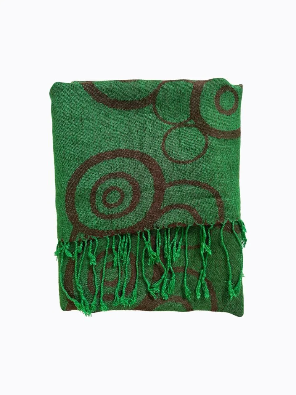 Vtg Pashmina Silk Blend Scarf Green Brown Circle Print Whimsigoth Fringe Shawl